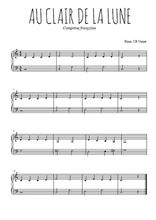 Téléchargez l'arrangement pour piano de la partition de Au clair de la Lune en PDF, niveau facile